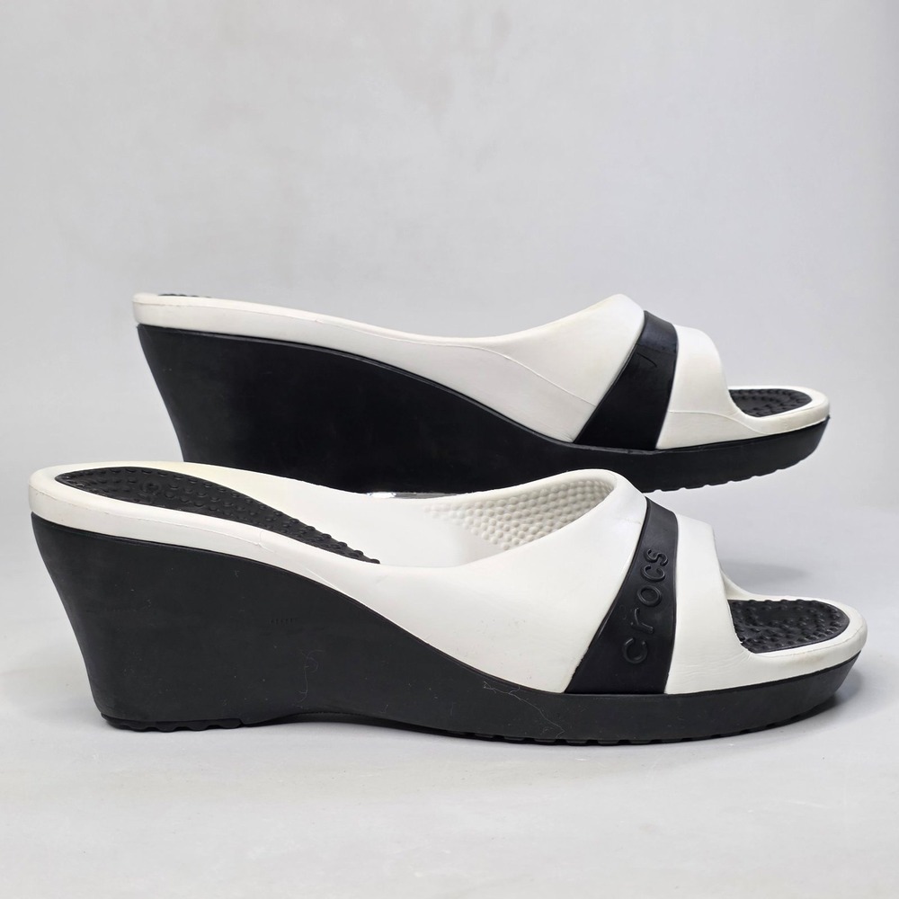 Crocs Sassari Wedge Sandals Women's Size 7 Black White Slides Slip On Shoes